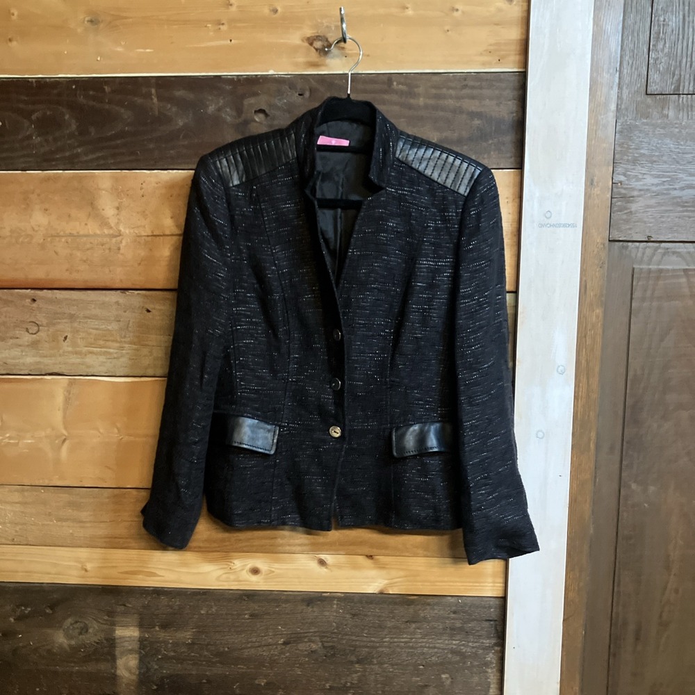 Basler Black Jacket Blazer 3 Button Women's Faux Leather Accents
